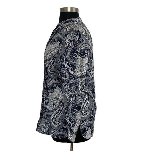 Talbots L Navy Paisley Button Down Top Pleated Oceanic Art to Wear Career Office - Picture 9 of 11